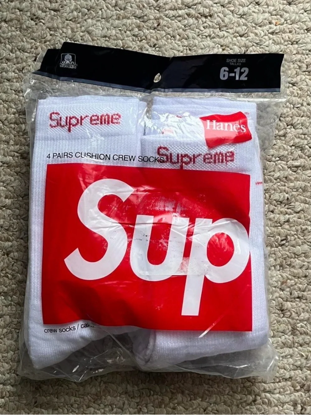 Supreme White Crew Socks with Red Logo - 4 Pack